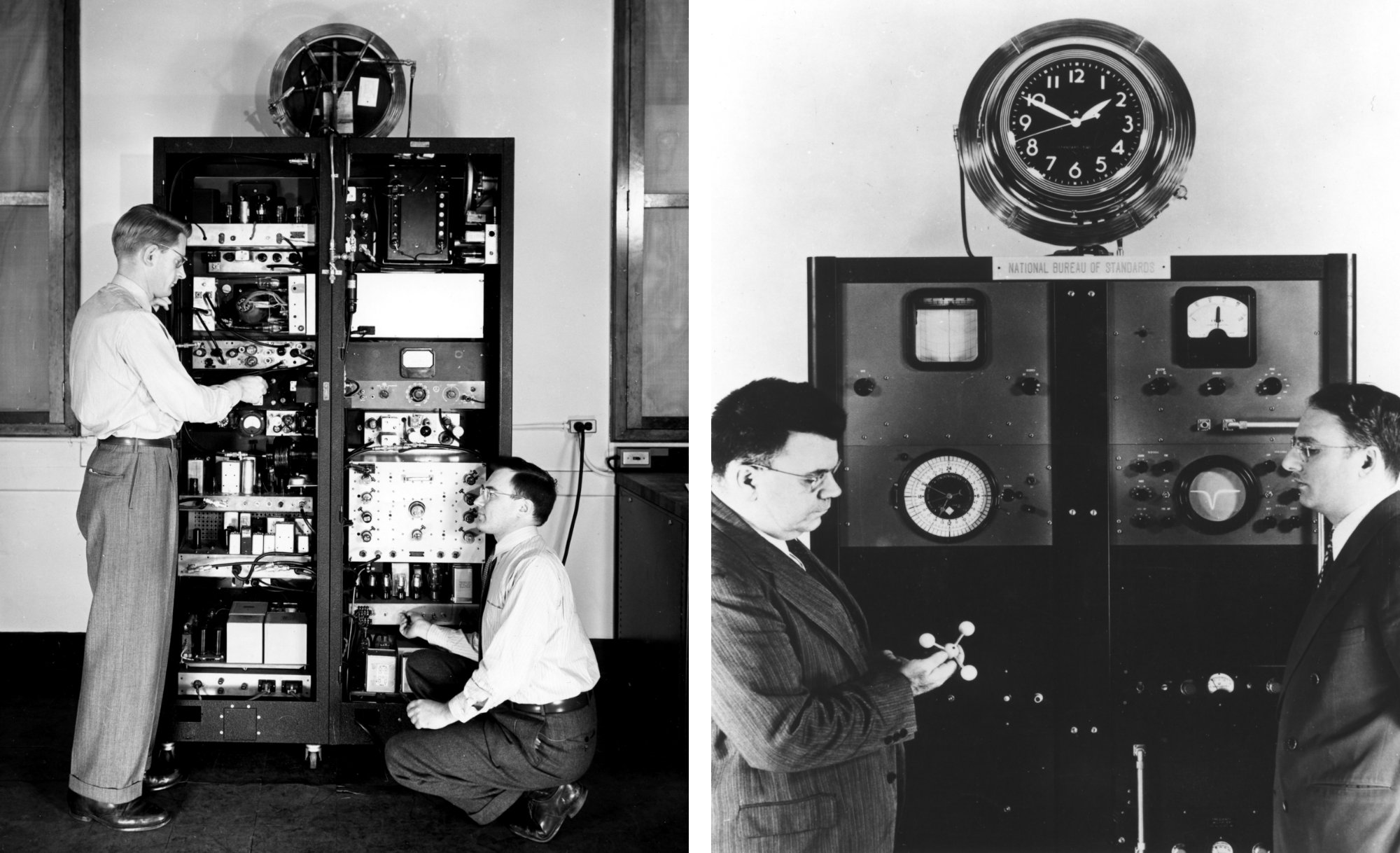 The world's first atomic clock, built at the US National Bureau of Standards in 1949. Left: Harold Lyons calibrates the ammonia-line apparatus. Right: a public-facing clock dial mounted atop the apparatus.
