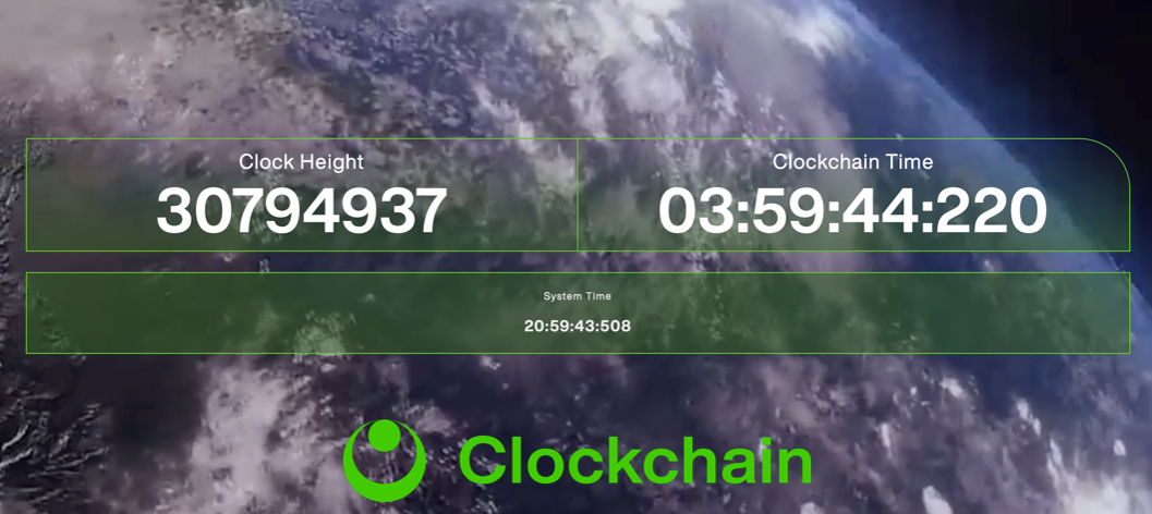 Clockchain display: Clock Height, Clockchain Time, and System Time overlaid on Earth from space.
