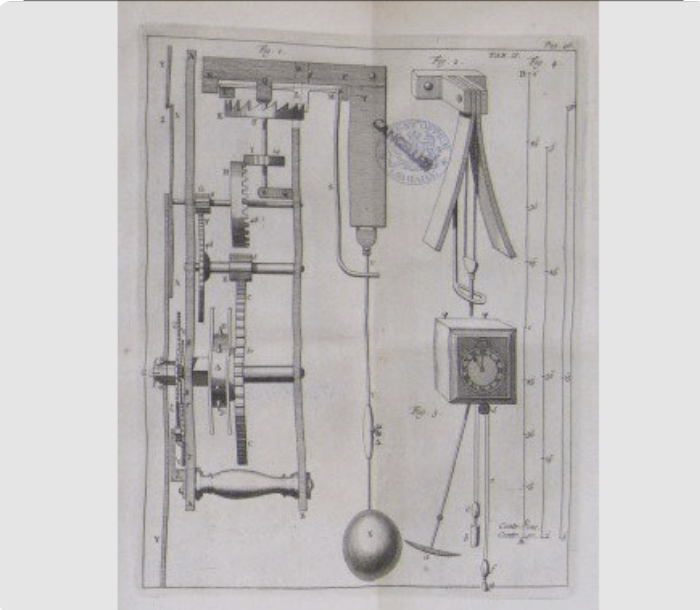 Engraving of Christiaan Huygens’s pendulum clock mechanism, 17th century.
