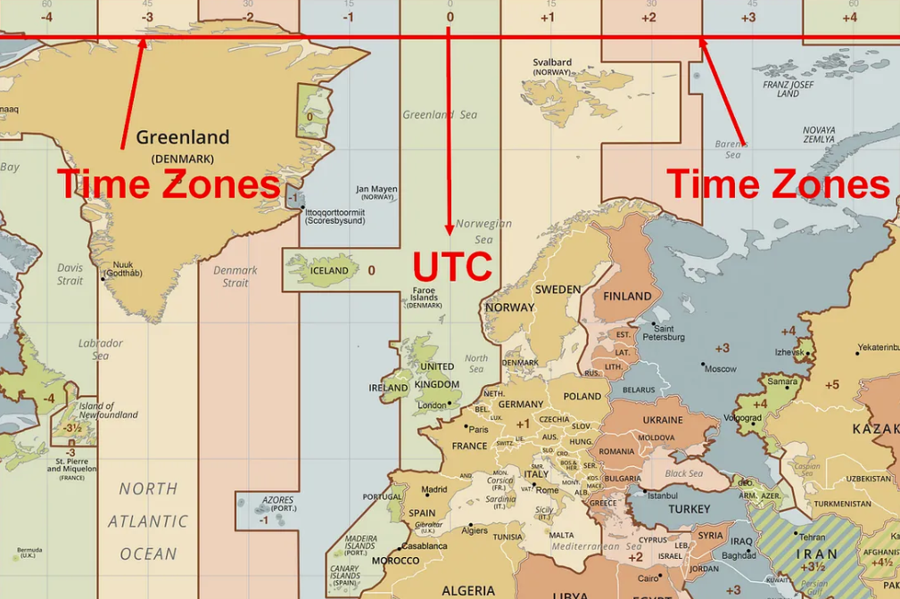 World map showing UTC time zones across Europe and the North Atlantic.